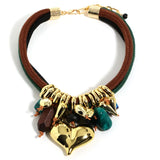 Brown Green Party Beaded Hearts Pendant Necklace