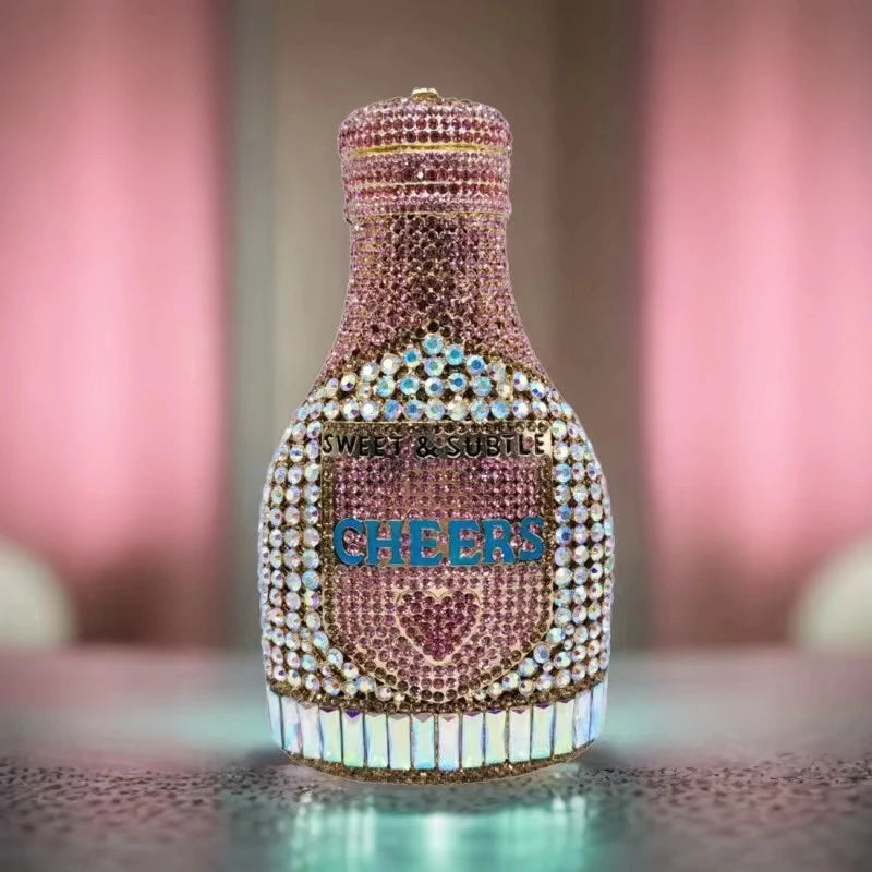 Pink Party Cheers Bottle Gems Evening Bridal Crystal Clutch Purse