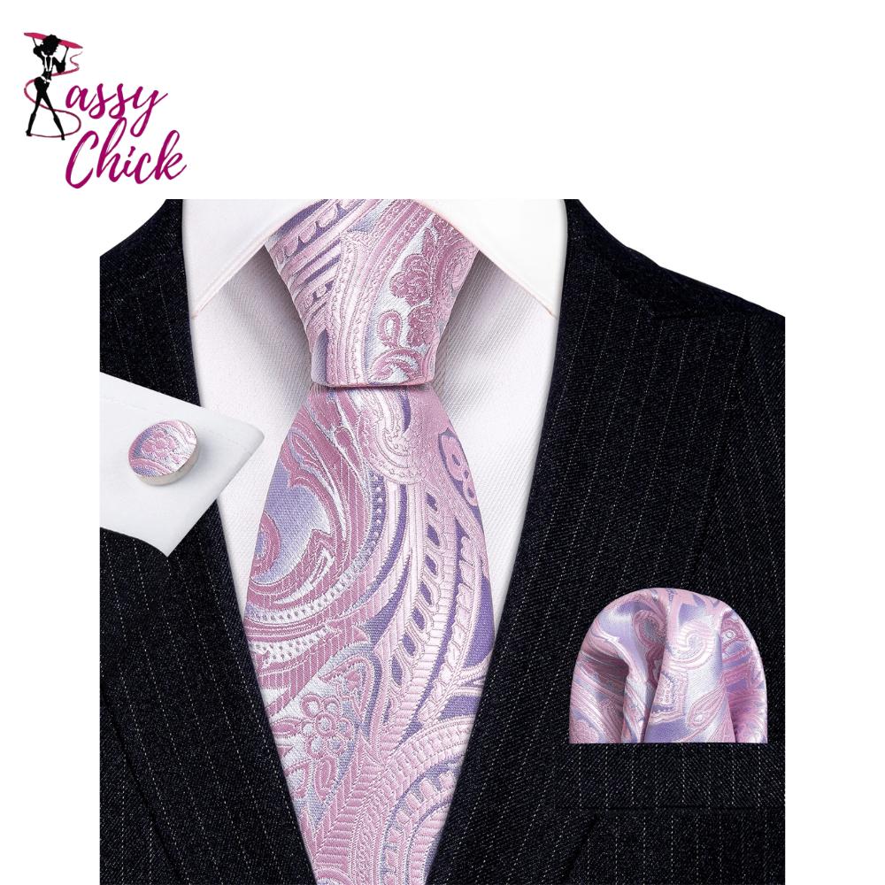 Peach Salmon Rouge Rose Jacquard Necktie Hanky Cufflinks Set Sassy Chick Logo