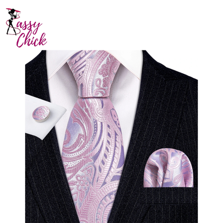 Peach Salmon Rouge Rose Jacquard Necktie Hanky Cufflinks Set Sassy Chick Logo