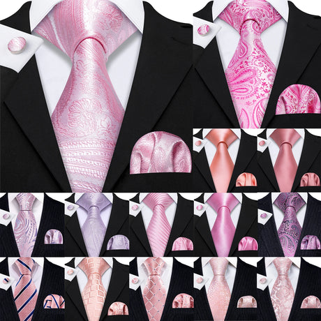 Collection of Peach Salmon Rouge Rose Jacquard Necktie Hanky Cufflinks Set