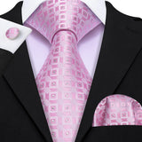 Pink Peach Salmon Rouge Rose Jacquard Necktie Hanky Cufflinks Set