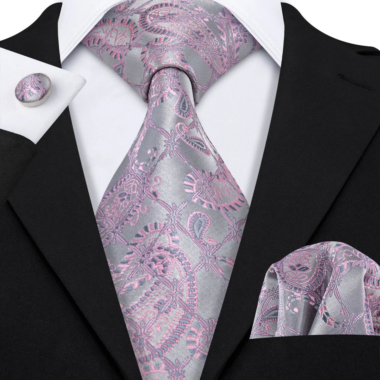 Peach Salmon Rouge Rose Jacquard Necktie Hanky Cufflinks Set