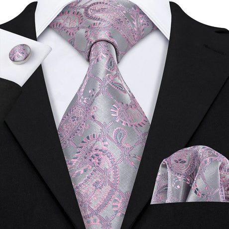 Peach Salmon Rouge Rose Jacquard Necktie Hanky Cufflinks Set