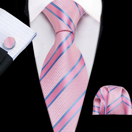 Peach Salmon Rouge Rose Jacquard Necktie Hanky Cufflinks Set