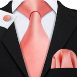 Peach Salmon Rouge Rose Jacquard Necktie Hanky Cufflinks Set