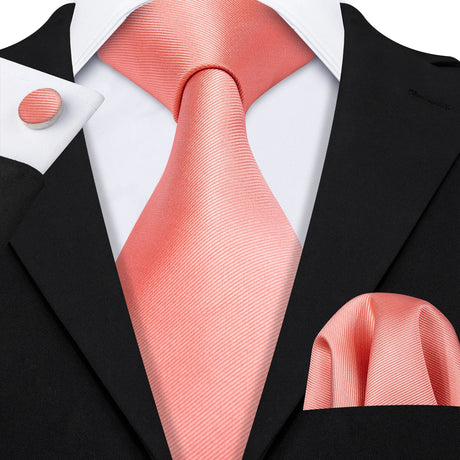 Peach Salmon Rouge Rose Jacquard Necktie Hanky Cufflinks Set