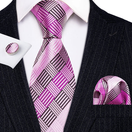 Peach Salmon Rouge Rose Jacquard Necktie Hanky Cufflinks Set