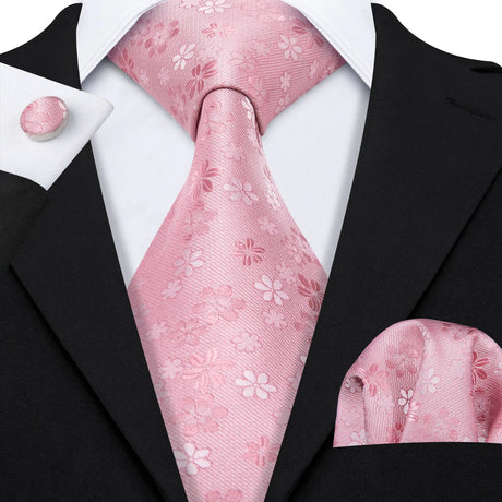 Peach Salmon Rouge Rose Jacquard Necktie Hanky Cufflinks Set