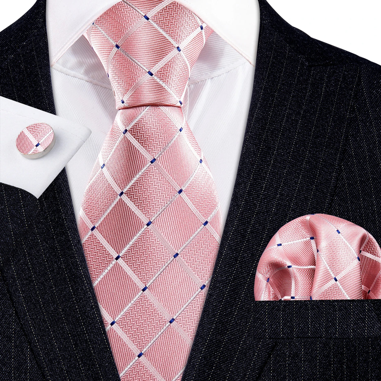 Peach Salmon Rouge Rose Jacquard Necktie Hanky Cufflinks Set