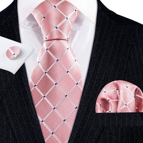 Peach Salmon Rouge Rose Jacquard Necktie Hanky Cufflinks Set