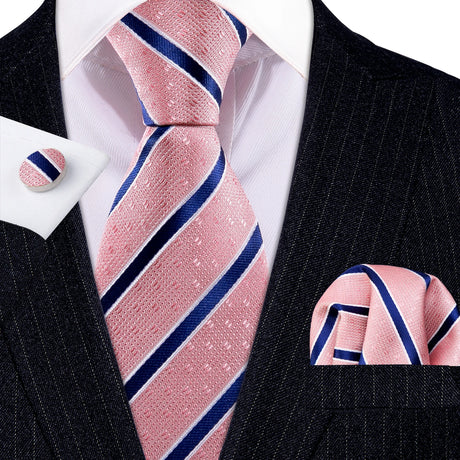 Peach Salmon Rouge Rose Jacquard Necktie Hanky Cufflinks Set