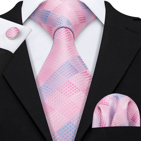 Peach Salmon Rouge Rose Jacquard Necktie Hanky Cufflinks Set