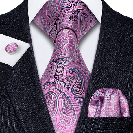 Peach Salmon Rouge Rose Jacquard Necktie Hanky Cufflinks Set