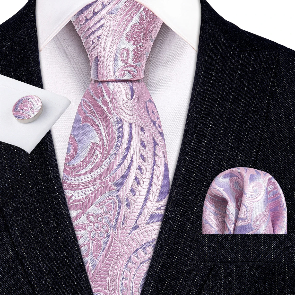 Peach Salmon Rouge Rose Jacquard Necktie Hanky Cufflinks Set