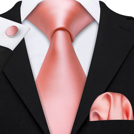 Peach Salmon Rouge Rose Jacquard Necktie Hanky Cufflinks Set