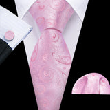 Peach Salmon Rouge Rose Jacquard Necktie Hanky Cufflinks Set