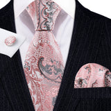Peach Salmon Rouge Rose Jacquard Necktie Hanky Cufflinks Set