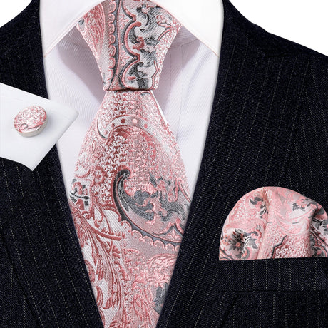 Peach Salmon Rouge Rose Jacquard Necktie Hanky Cufflinks Set
