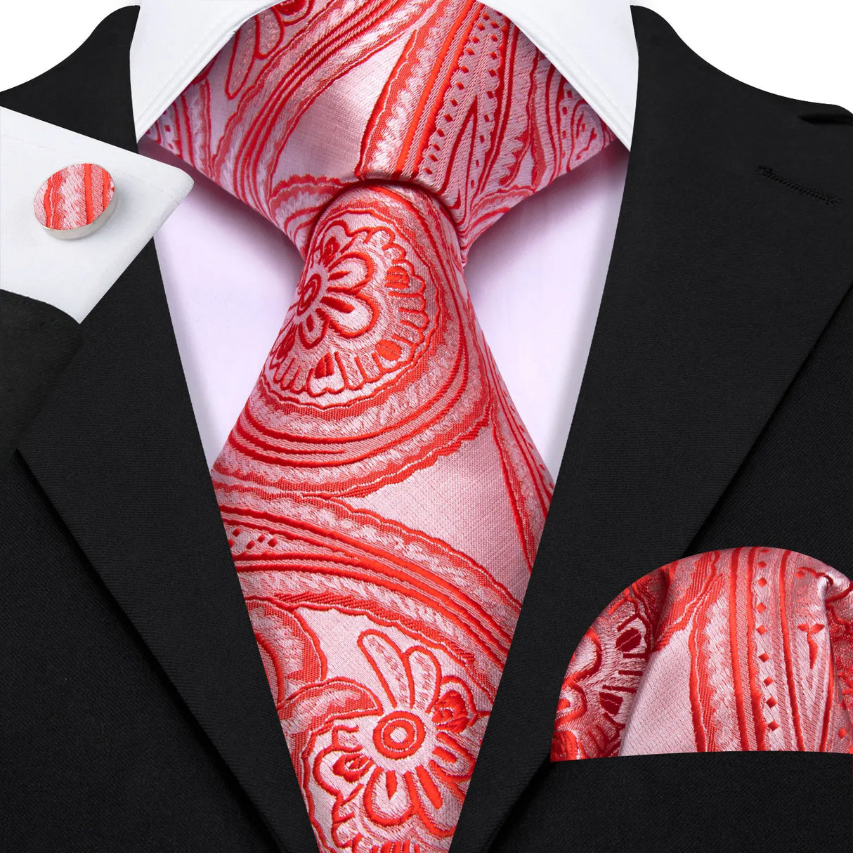 Red Peach Salmon Rouge Rose Jacquard Necktie Hanky Cufflinks Set