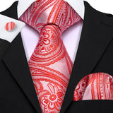 Red Peach Salmon Rouge Rose Jacquard Necktie Hanky Cufflinks Set