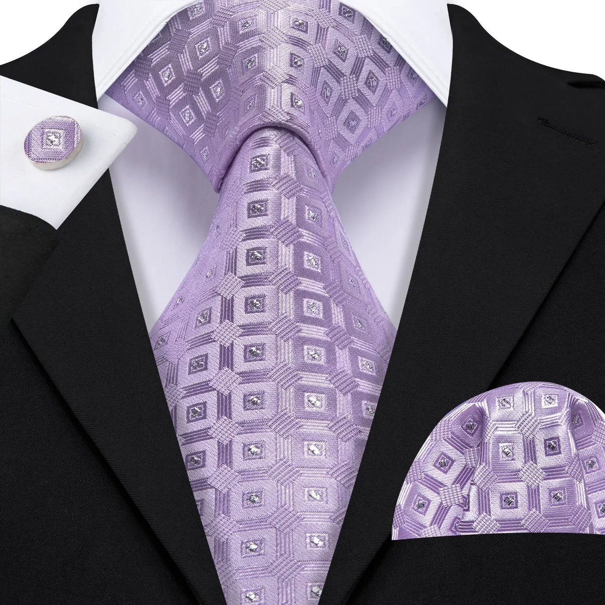 Purple Jacquard Necktie Hanky Cufflinks Set