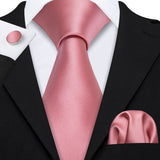 Peach Salmon Rouge Rose Jacquard Necktie Hanky Cufflinks Set