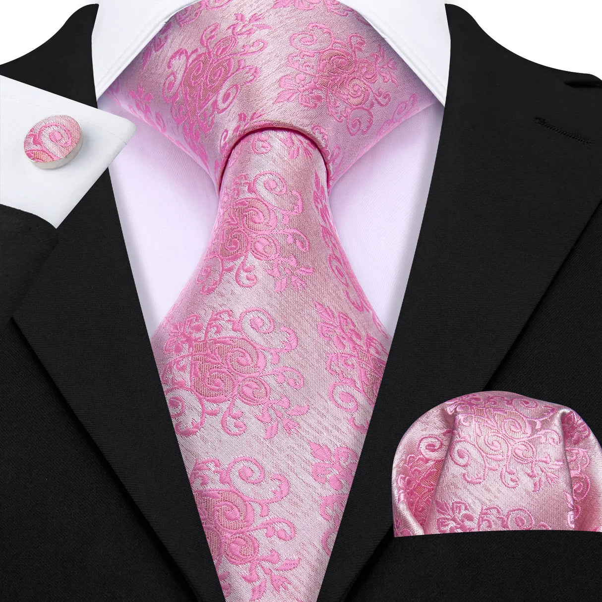 Peach Salmon Rouge Rose Jacquard Necktie Hanky Cufflinks Set