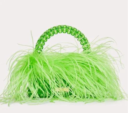 Green Pearl Bead With Ostrich Feather Fur Handbag