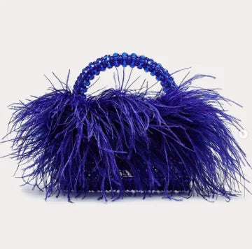 Blue Pearl Bead With Ostrich Feather Fur Handbag