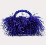 Blue Pearl Bead With Ostrich Feather Fur Handbag