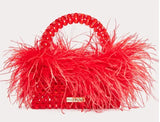 Red Pearl Bead With Ostrich Feather Fur Handbag