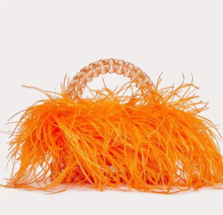 Orange Pearl Bead With Ostrich Feather Fur Handbag
