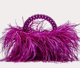 Purple Pearl Bead With Ostrich Feather Fur Handbag