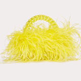 Yellow Pearl Bead With Ostrich Feather Fur Handbag