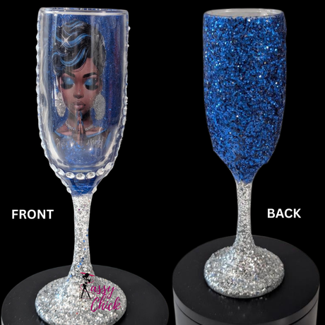 Customized blue wine flute glass with glitter and rhinestones, personalized champagne glass for weddings, birthdays, and special events.