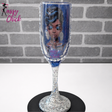 Customized blue wine flute glass with glitter and rhinestones, personalized champagne glass for weddings, birthdays, and special events.