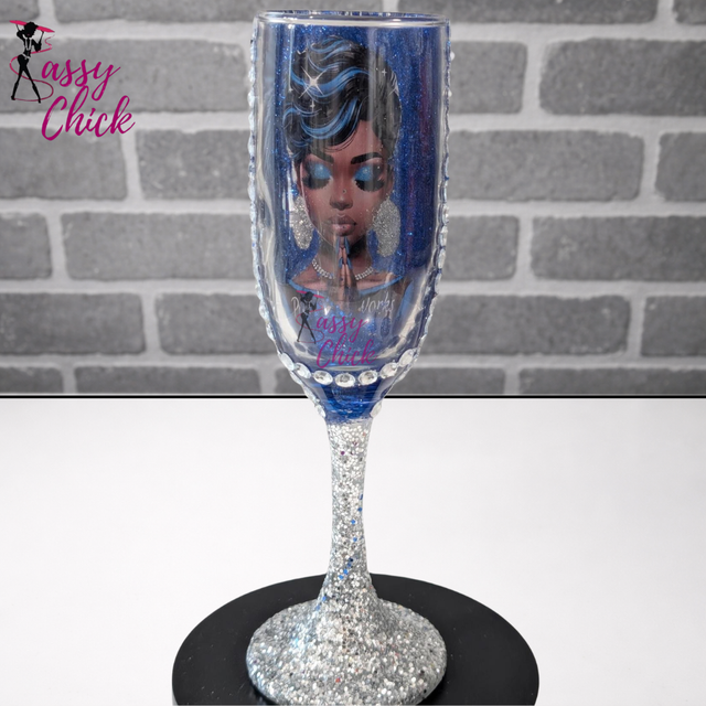 Customized blue wine flute glass with glitter and rhinestones, personalized champagne glass for weddings, birthdays, and special events.
