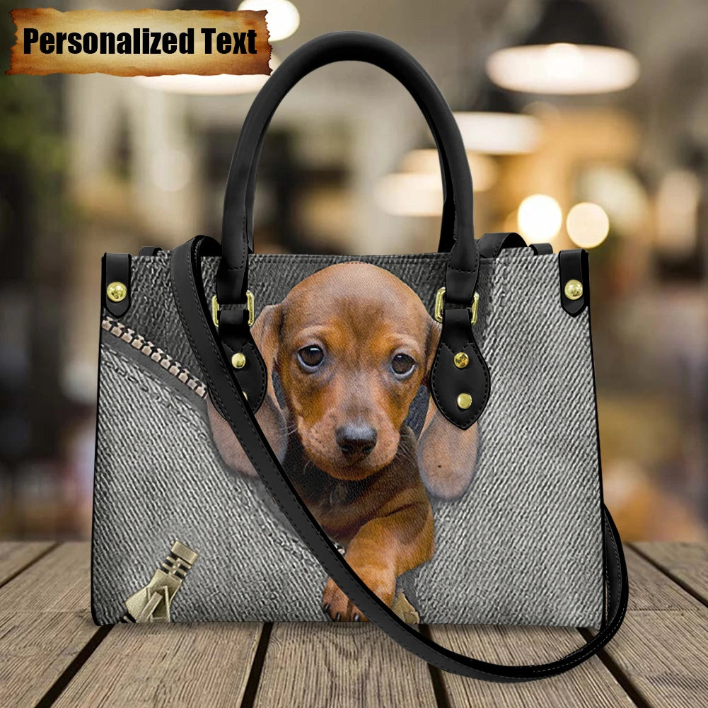 Personalized Name Cute Dogs Print Leather Handbag