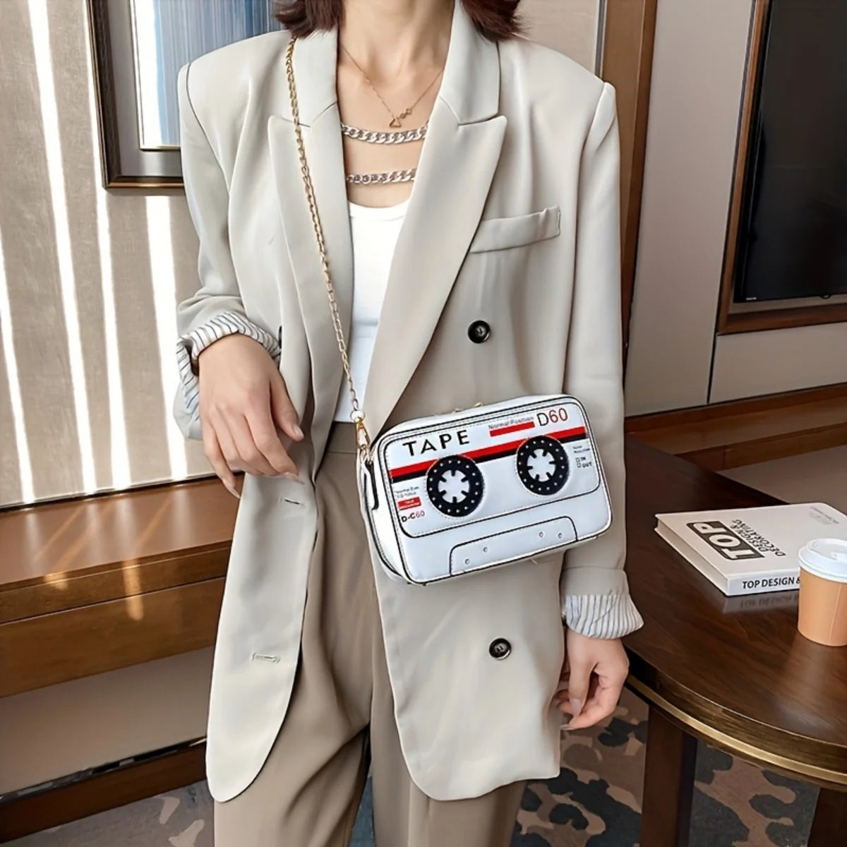 Model using Personalized Tape Audio Tape PU Crossbody Bag