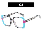 photochromic square splicing color frame reading glasses grey blue