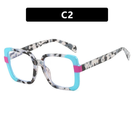photochromic square splicing color frame reading glasses grey blue