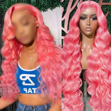 Pink Body Wave Transparent Lace Frontal Human Hair Wigs