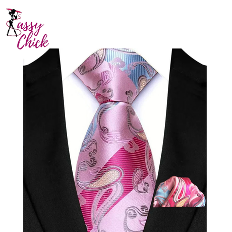 Pink Floral Jacquard Hanky Pocket Square Necktie Set Sassy Chick Logo
