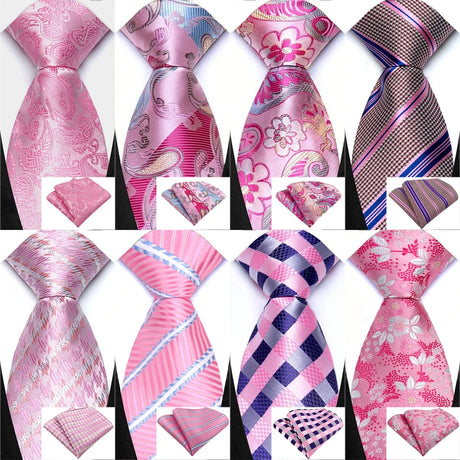 Collection of Pink Floral Jacquard Hanky Pocket Square Necktie Set