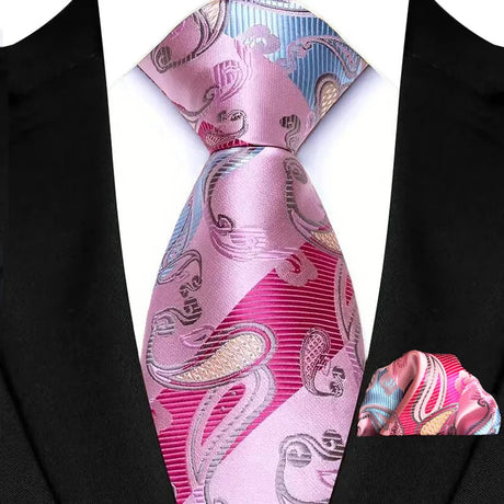 Pink Floral Jacquard Hanky Pocket Square Necktie Set