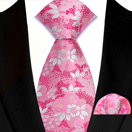 Pink Floral Jacquard Hanky Pocket Square Necktie Set