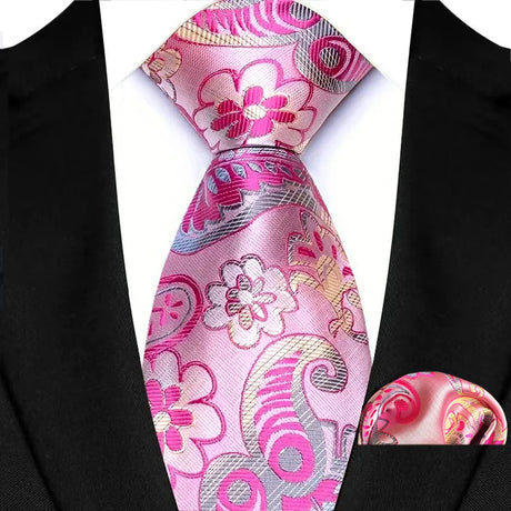 Pink Floral Jacquard Hanky Pocket Square Necktie Set