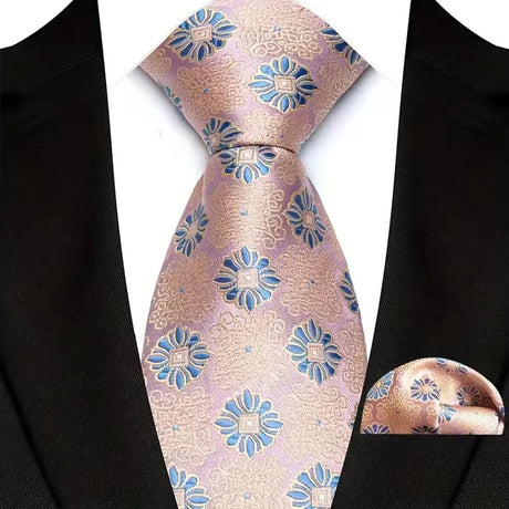 Pink Floral Jacquard Hanky Pocket Square Necktie Set