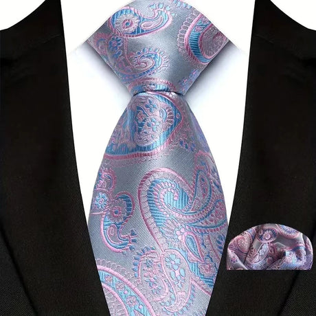 Pink Floral Jacquard Hanky Pocket Square Necktie Set